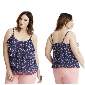 Torrid Blue Pink Floral Sheer Tiered Ruffle Chiffon Banded Cami Tank Blouse 1X